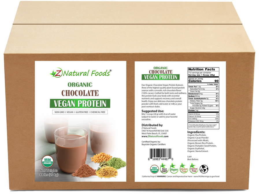 Chocolate Vegan Protein - Organic front and back label image in bulk