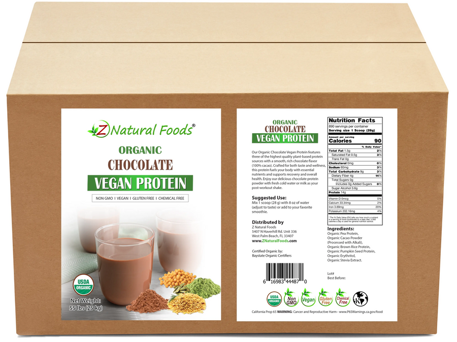 Chocolate Vegan Protein - Organic front and back label image in bulk