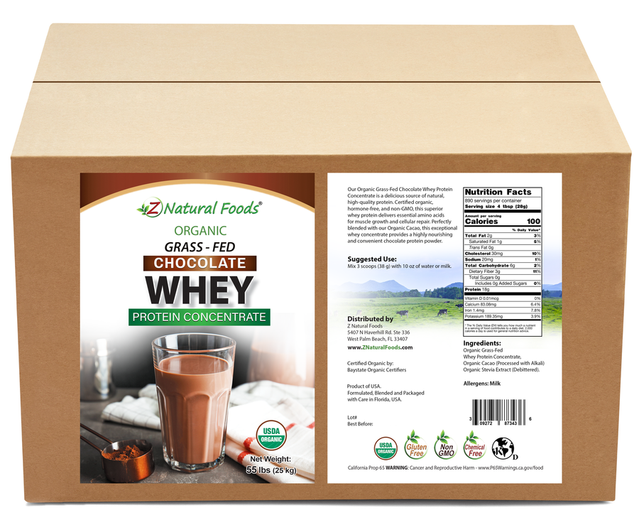 Chocolate Whey Protein Concentrate Organic front and back label image in bulk