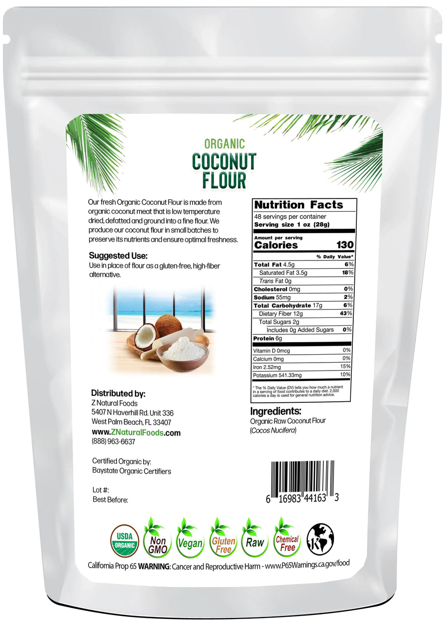 Image of back of 3 lb bag of Coconut Flour - Organic