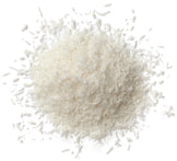 Overhead image of Shredded, coconut on white background 