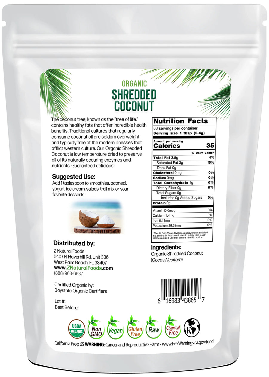 Back of the bag image of Coconut - Shredded, Raw Organic 1 lb