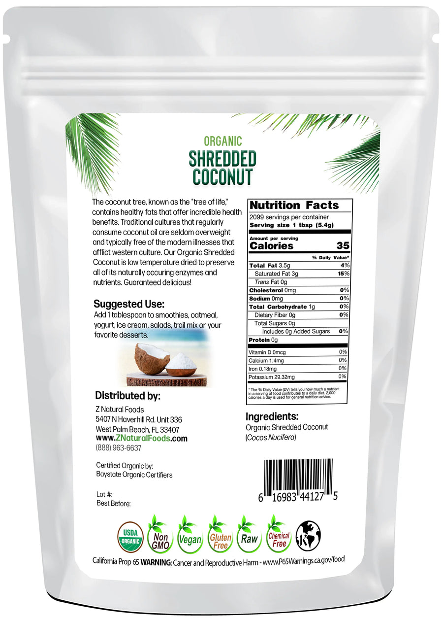Back of the bag image of Coconut - Shredded, Raw Organic 5 lb
