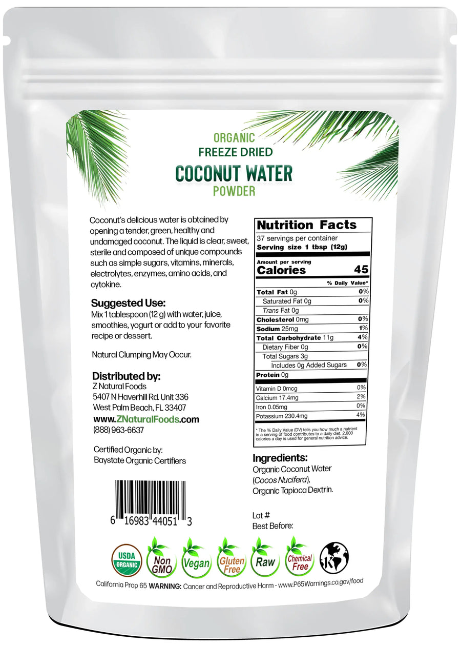 1 lb Coconut Water Powder - Organic Freeze Dried back of bag image