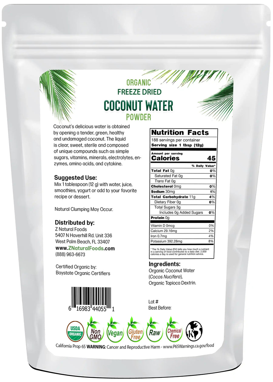 5 lb Coconut Water Powder - Organic Freeze Dried back of bag image