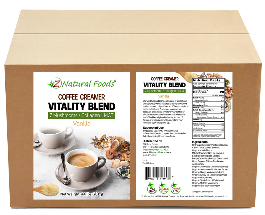 Coffee Creamer Vitality Blend Vanilla front and back label image in bulk