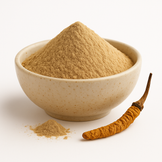 Organic cordyceps extract powder mounded in a neutral bowl on a white background
