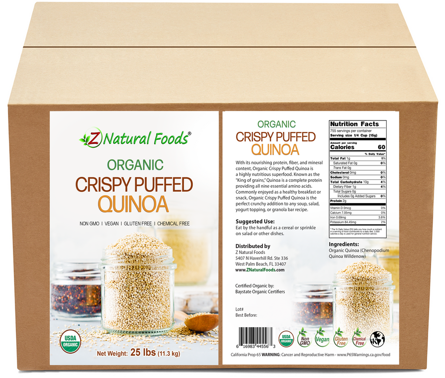 Crispy Puffed Quinoa - Organic front and back label image for bulk