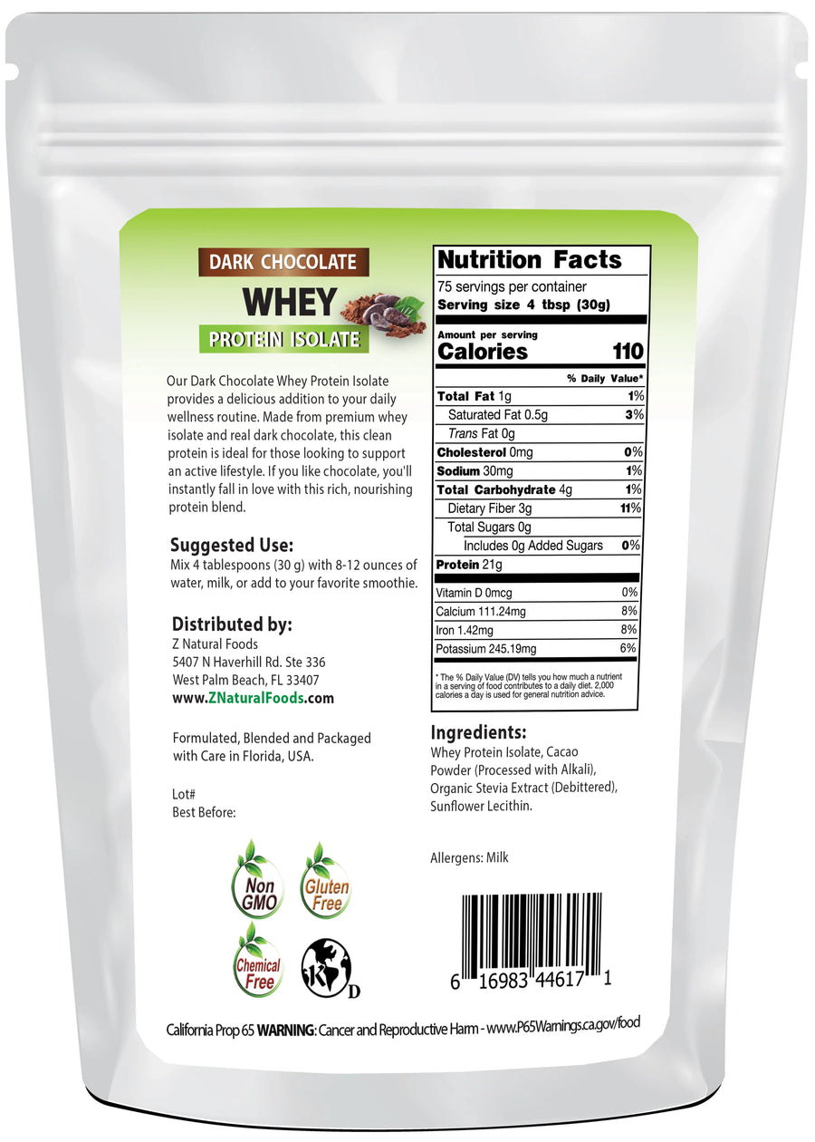 Photo of back of 5 lb bag of Dark Chocolate Whey Protein Isolate