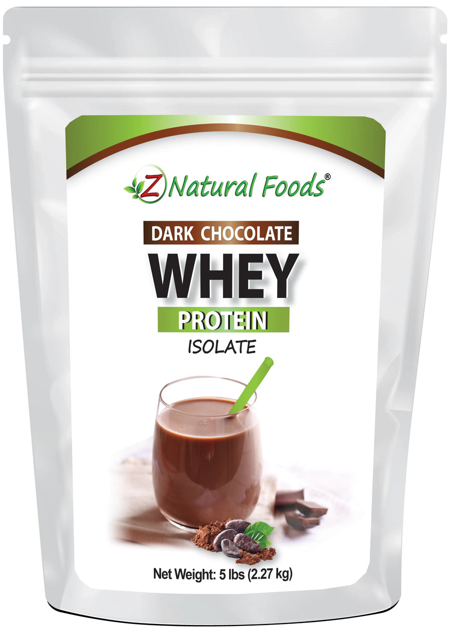 Photo of front of 5 lb bag of Dark Chocolate Whey Protein Isolate