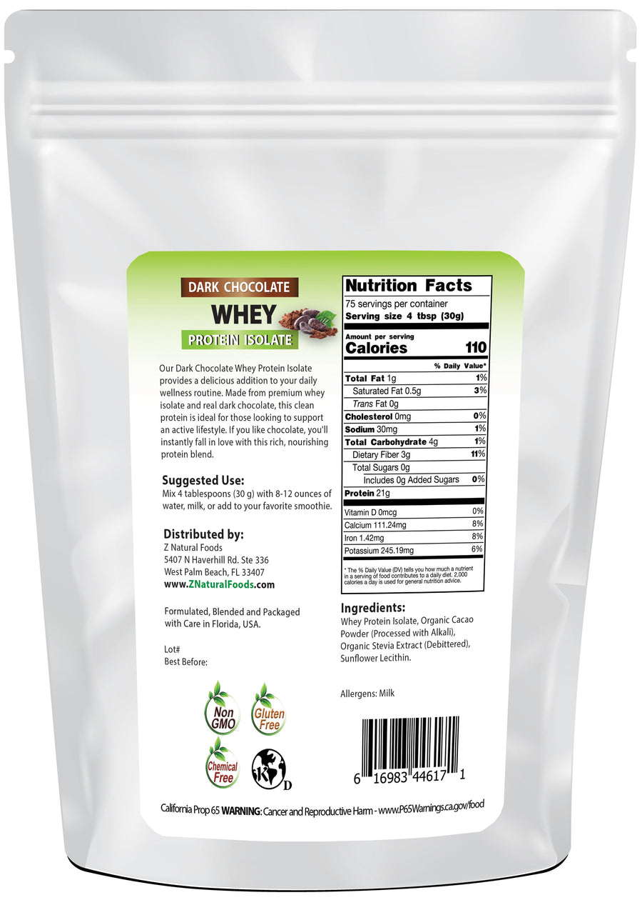 Photo of back of 5 lb bag of Dark Chocolate Whey Protein Isolate