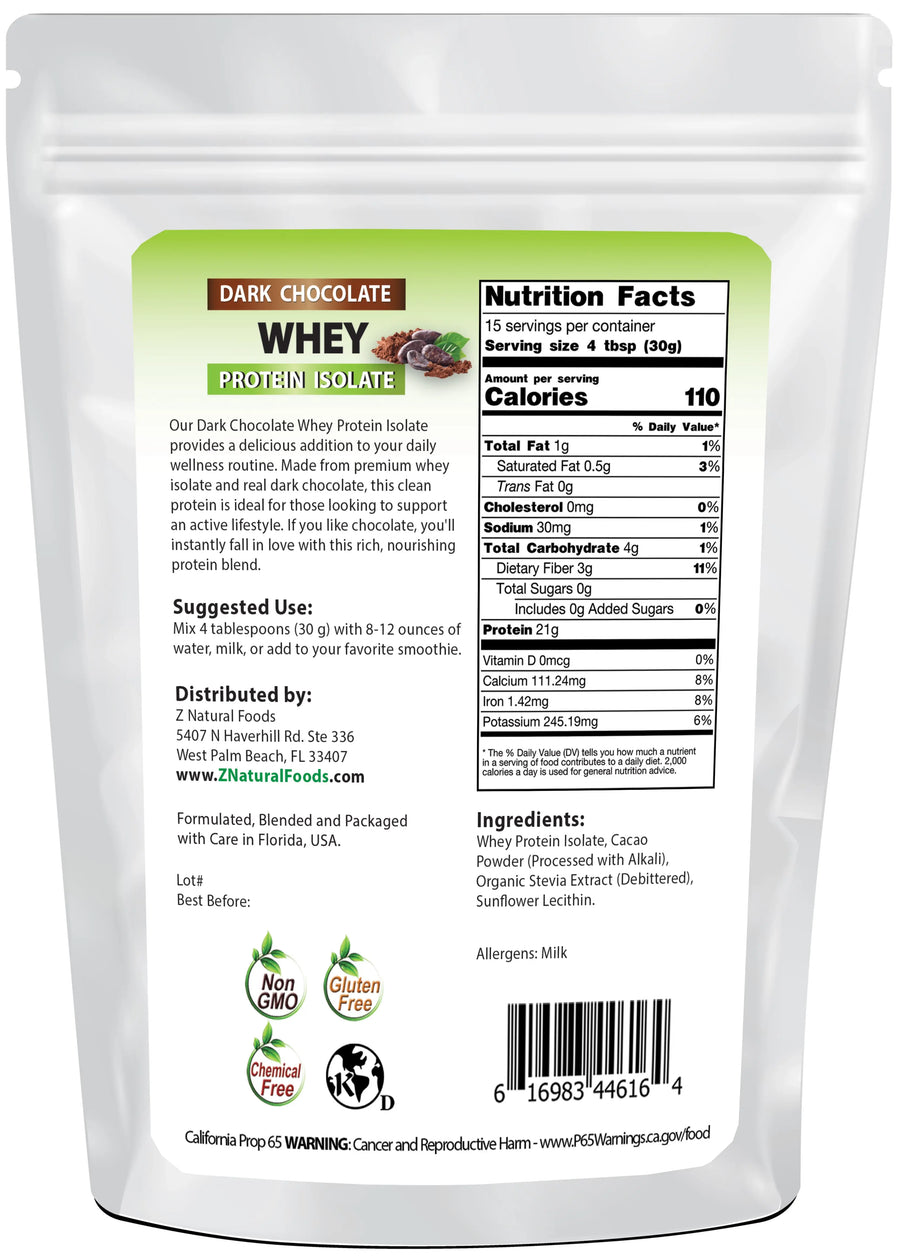 Photo of back of 1 lb bag of Dark Chocolate Whey Protein Isolate