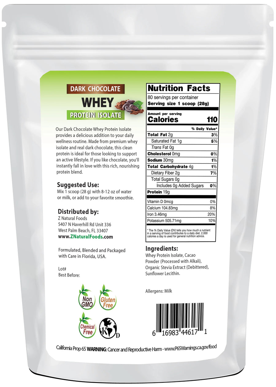 Photo of back of 5 lb bag of Dark Chocolate Whey Protein Isolate