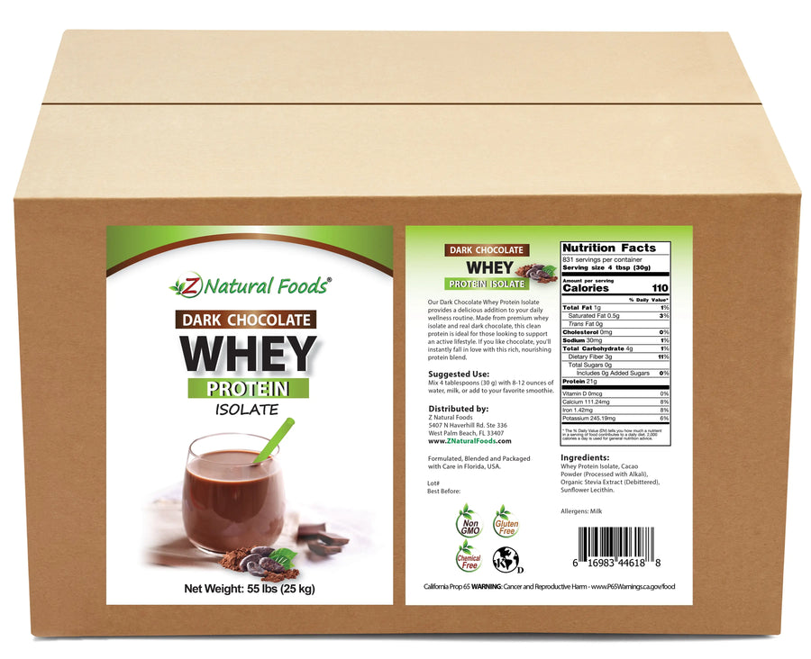 Photo of front and back label image of Dark Chocolate Whey Protein Isolate in bulk