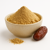 Organic date powder mounded in a plain neutral bowl on a white background, fine golden-beige texture with slight clumping, evenly lit for true color and detail.