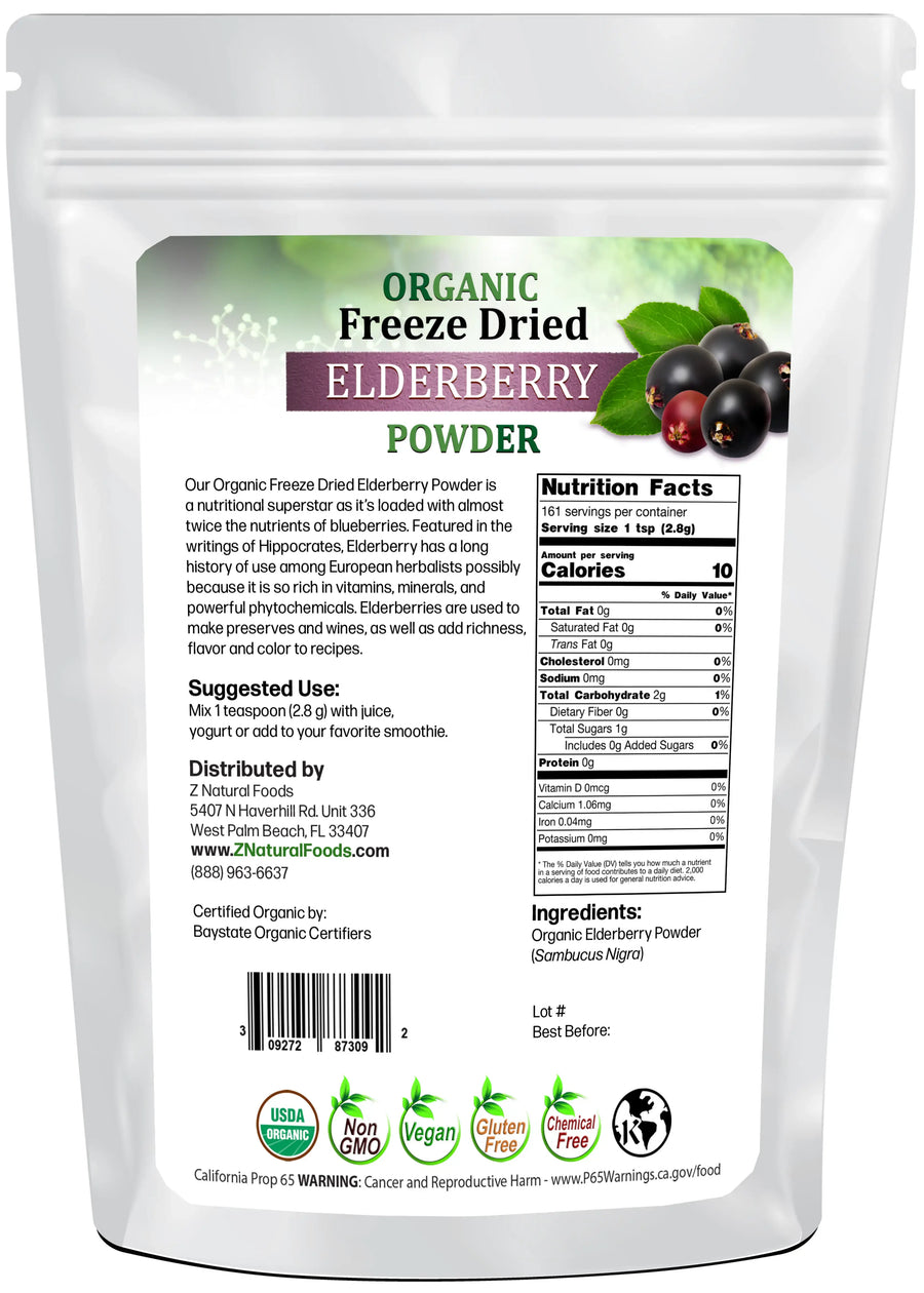 Elderberry Powder - Organic Freeze Dried back of the bag image 1 lb