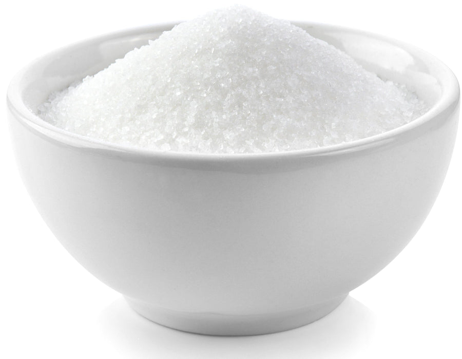 Photo of white porcelain bowl filled with Organic Erythritol crystals that look a lot like white table sugar crystals