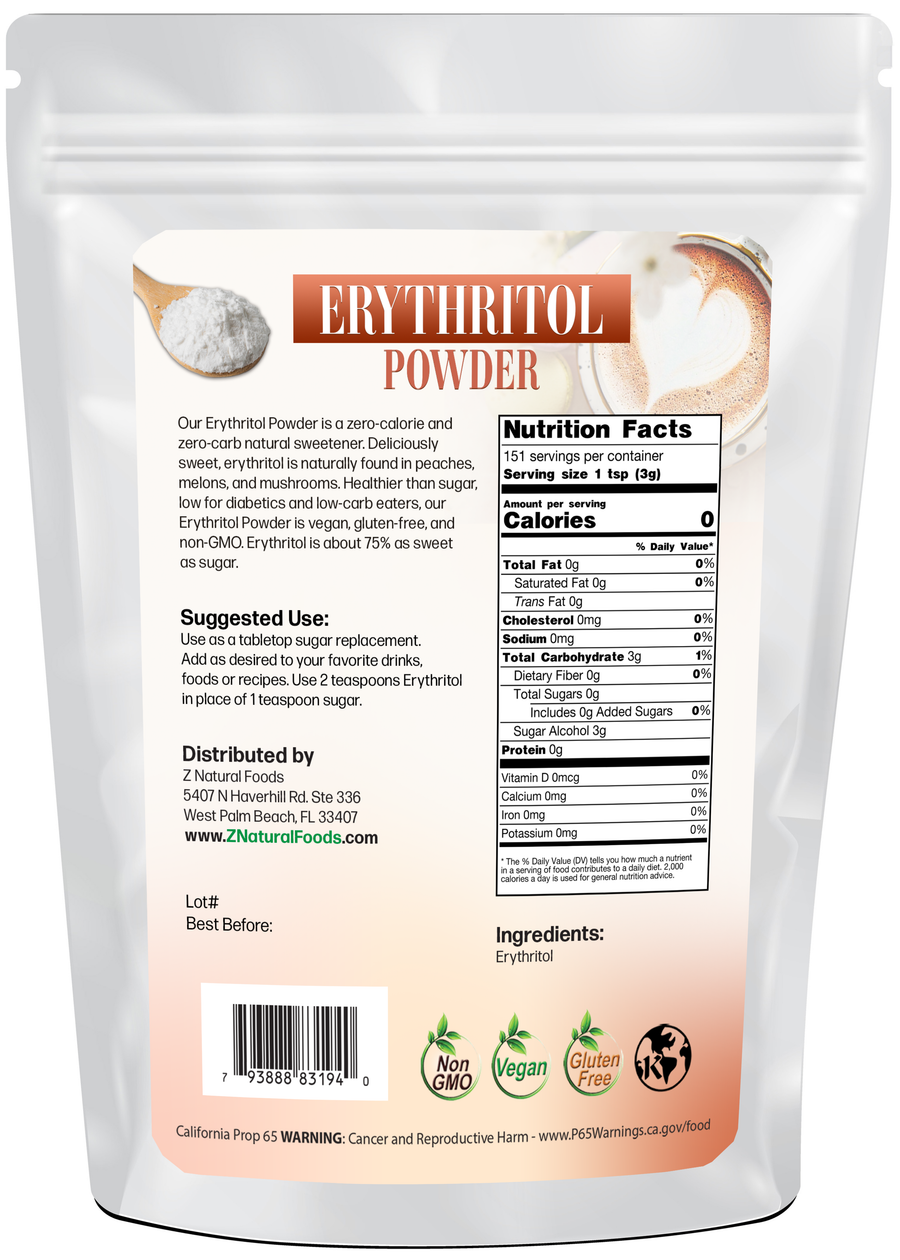 Photo of the back of 1 lb bag of Erythritol Powder