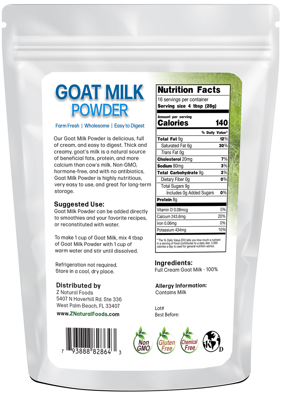 Photo of back of 1 lb bag of Goat Milk Powder