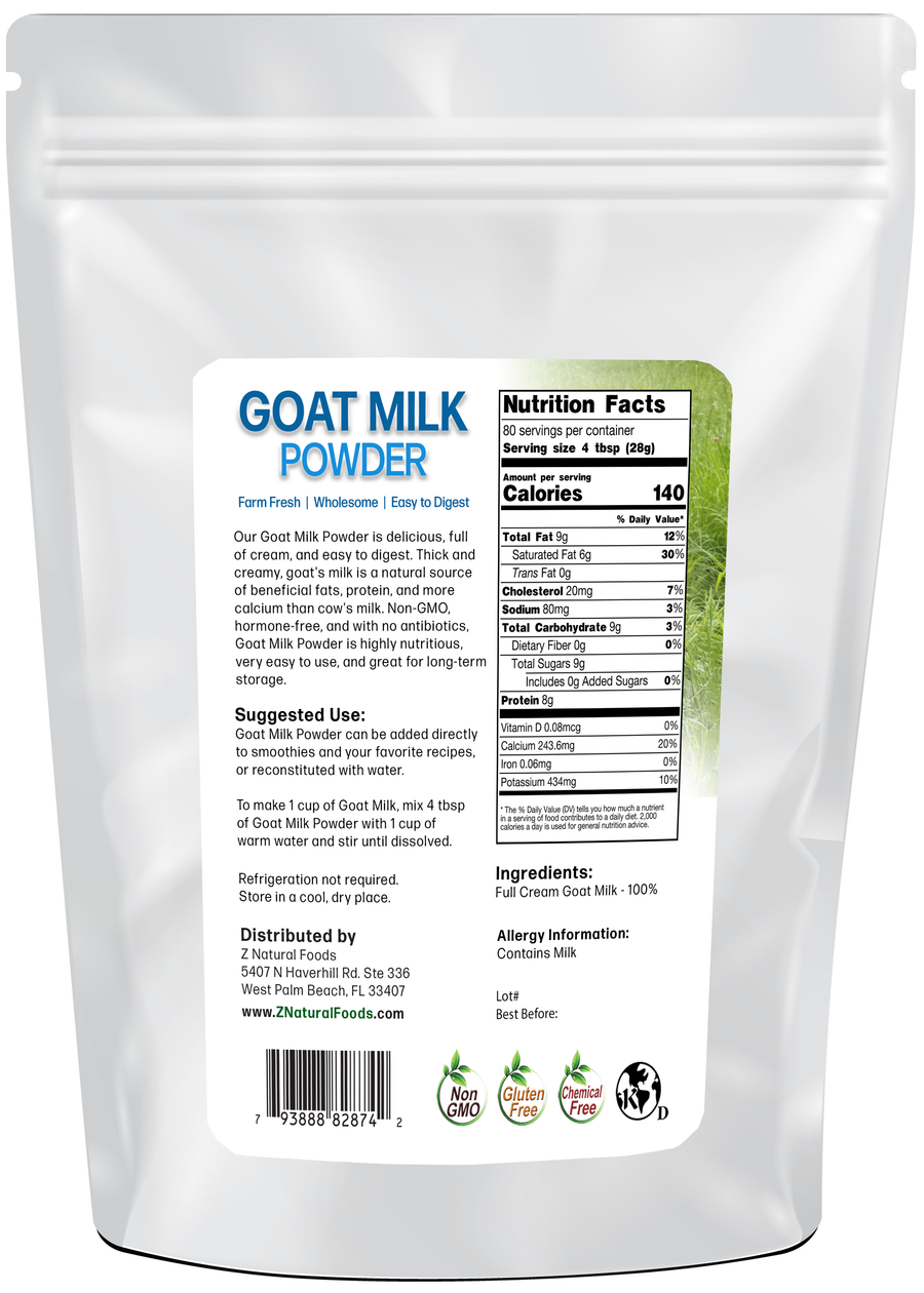 Photo of back of 5 lb bag of Goat Milk Powder