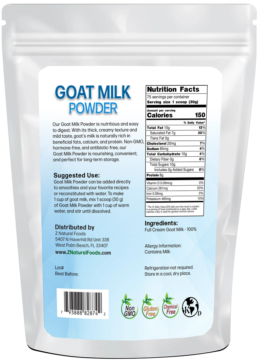 Photo of back of 5 lb bag of Goat Milk Powder
