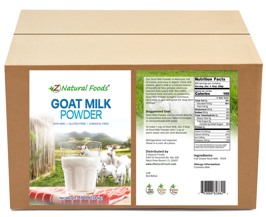 Photo of front and back label for Goat Milk Powder in bulk