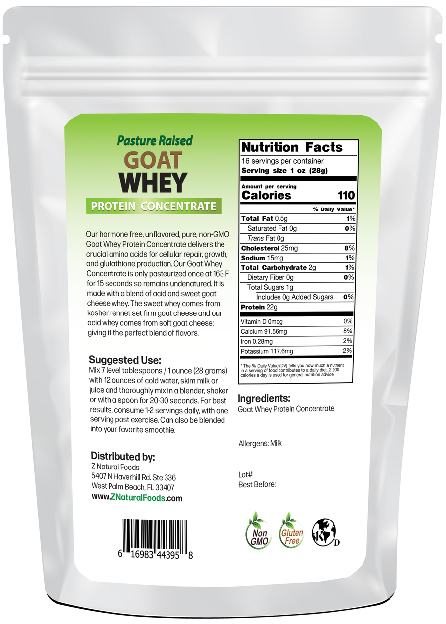 Photo of back of 1 lb bag of Goat Whey Protein Concentrate