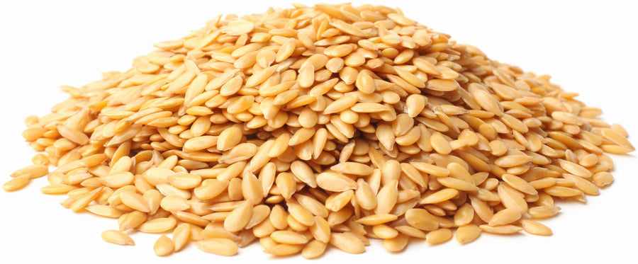 Image of Golden Flax Seeds on white background.