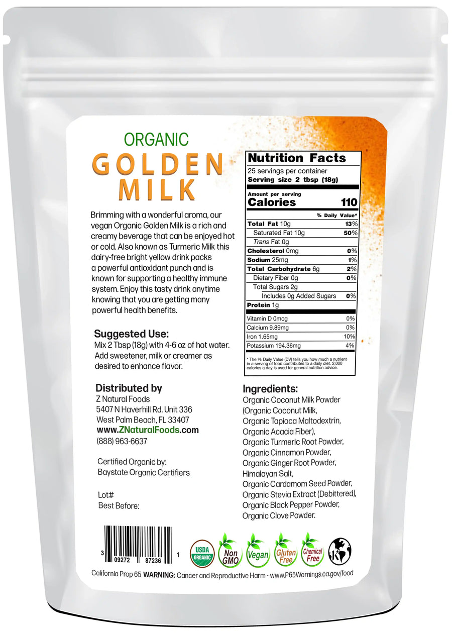 Photo of back of 1 lb bag of Golden Milk - Organic
