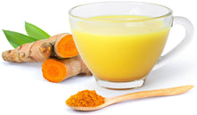 Image of a glass of golden milk with turmeric in a wooden spoon and fresh turmeric