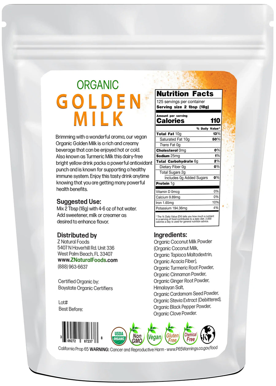 Photo of back of 5 lb bag of Golden Milk - Organic
