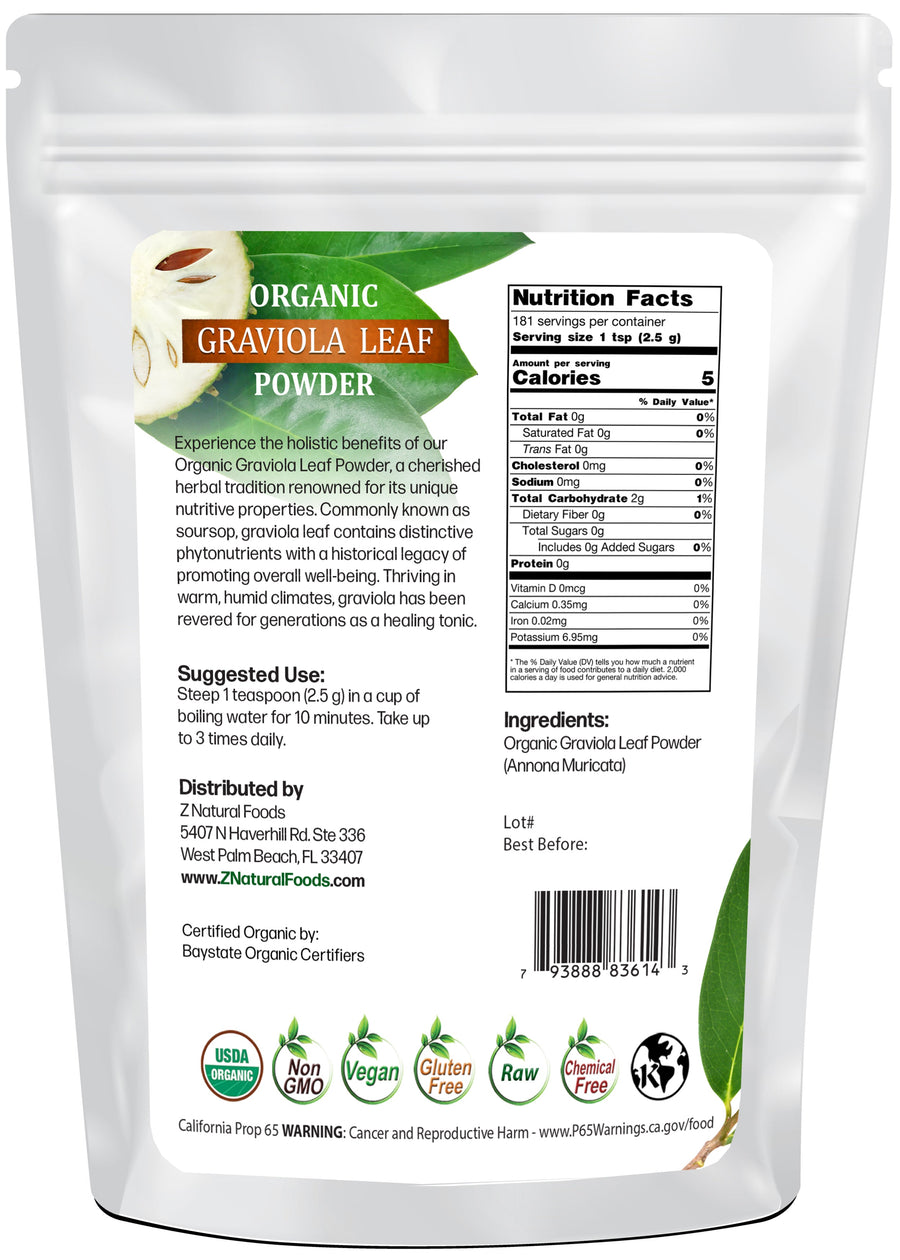 Organic Graviola Leaf Powder back of the bag image 1lb