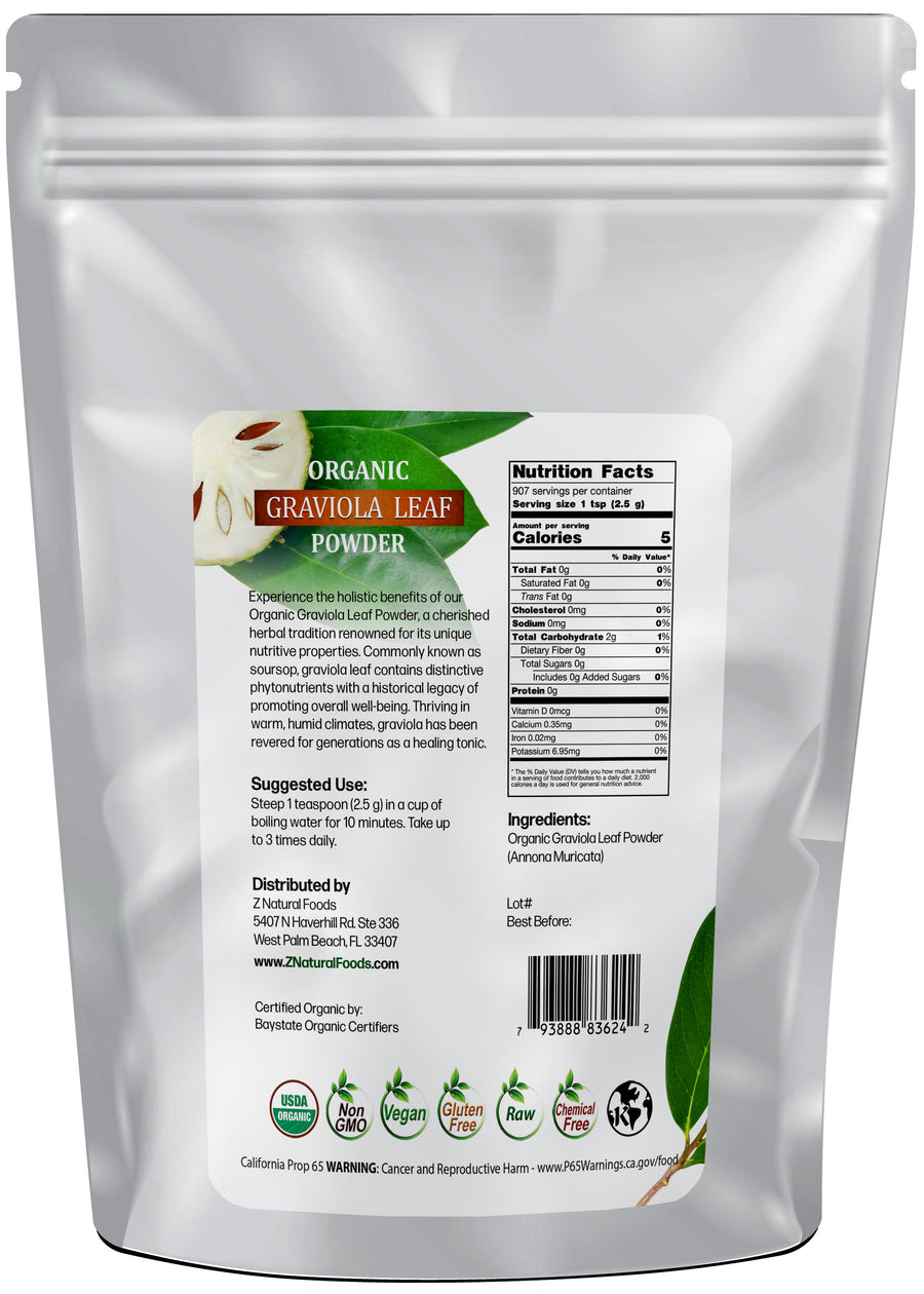Organic Graviola Leaf Powder back of the bag image 5lb