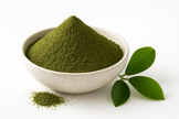 Organic graviola leaf powder mounded in a neutral speckled bowl on a white background, fine earthy-green powder with a soft dome shape and slight clumping, naturally lit for true color and detail.