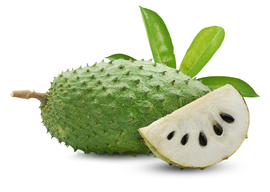 Image of a whole Soursop fruit next to a cut fruit and 3 Graviola Leaves