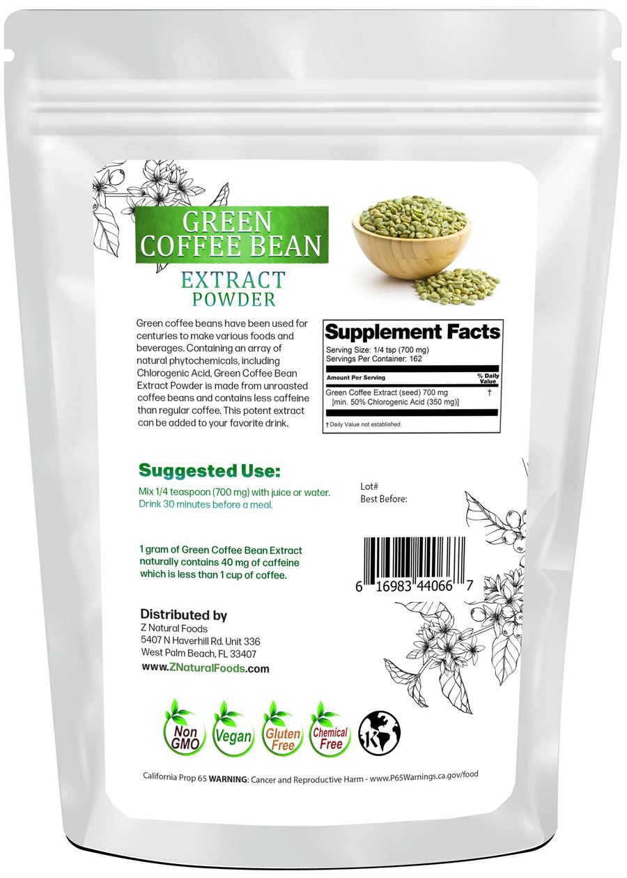 Photo of back of 4 oz bag of Green Coffee Bean Extract Powder