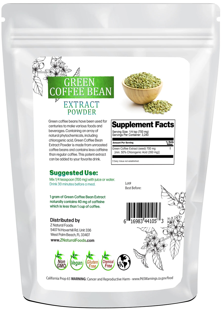 Photo of back of 5 lb bag of Green Coffee Bean Extract Powder
