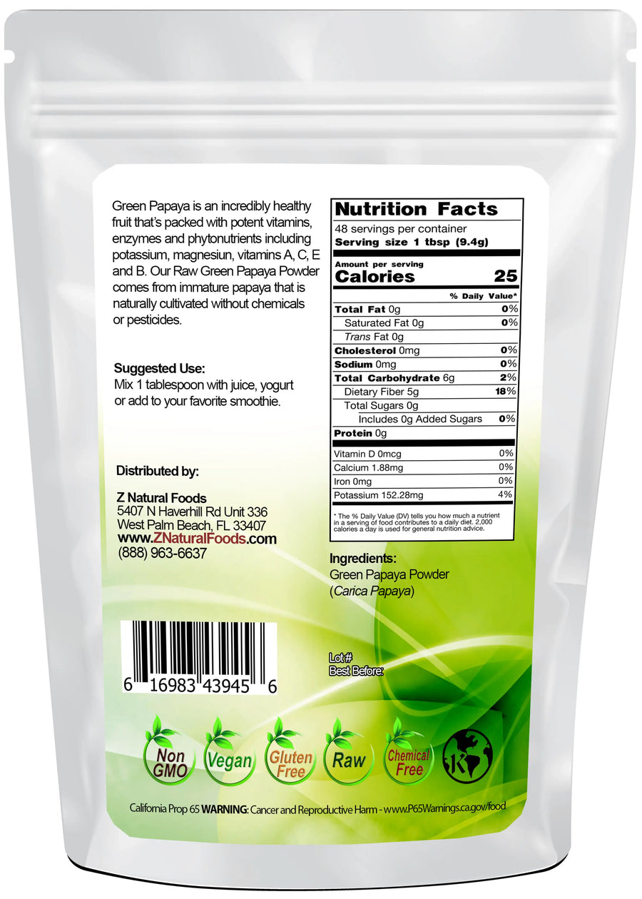 Green Papaya Powder (Unripe) back of the bag image 1 lb 