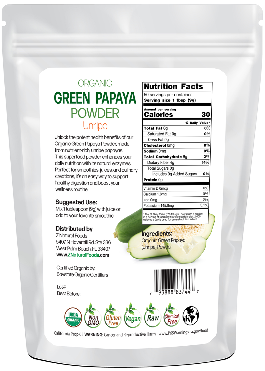 Back of bag image for Green Papaya Powder - Organic 1 lb