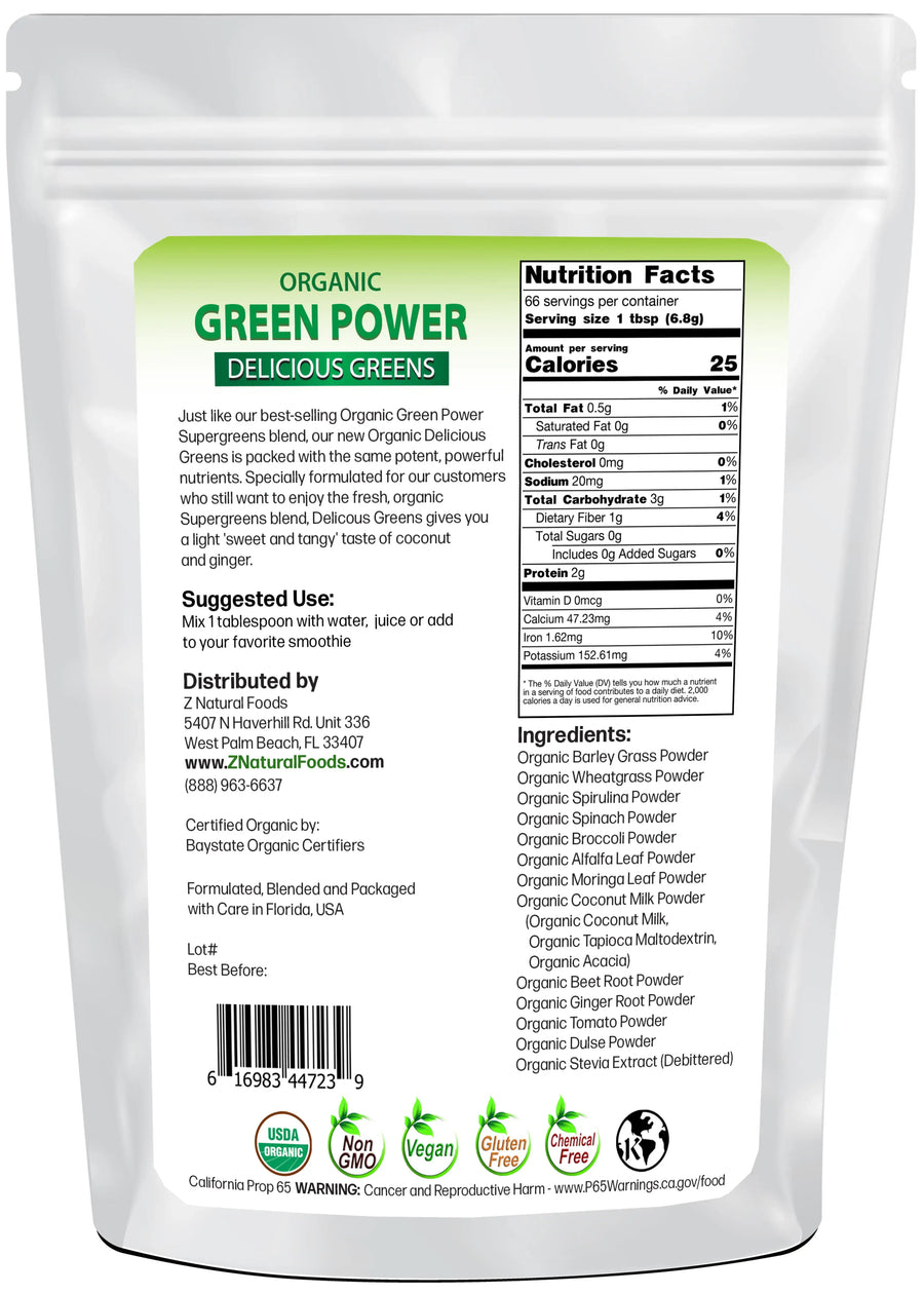 Photo of back of 1 lb bag of Green Power - Organic Delicious Greens