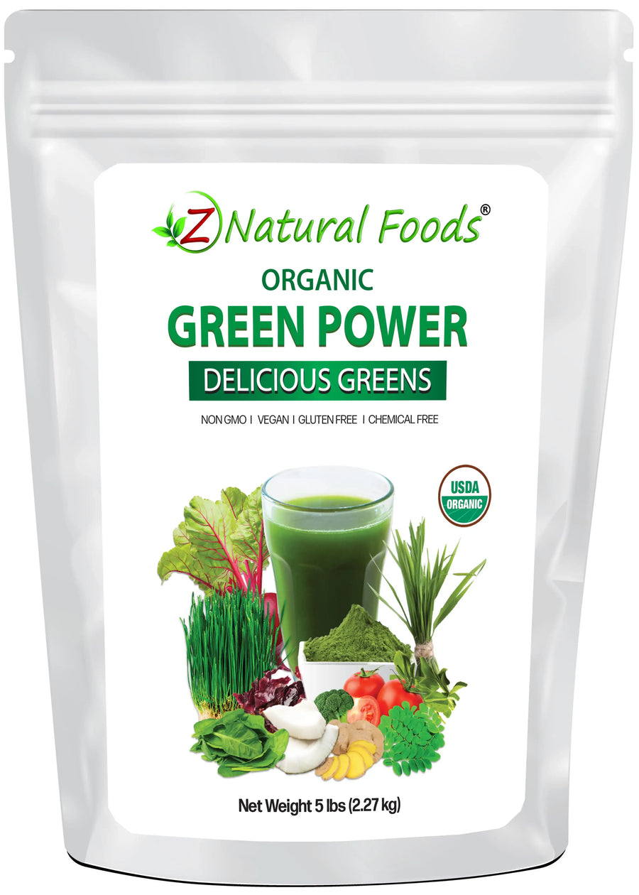 Photo of front of 5 lb bag of Green Power - Organic Delicious Greens