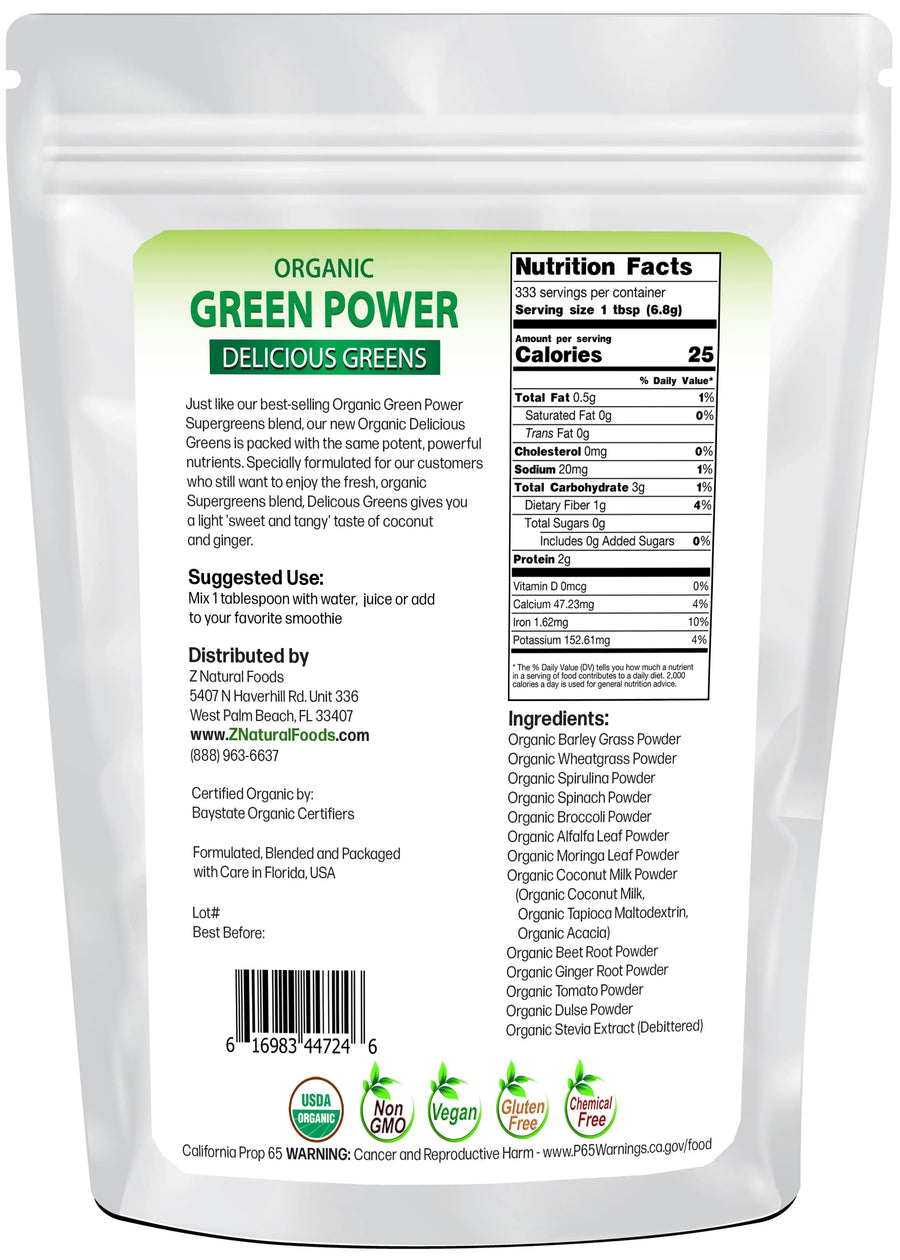 Photo of back of 5 lb bag of Green Power - Organic Delicious Greens