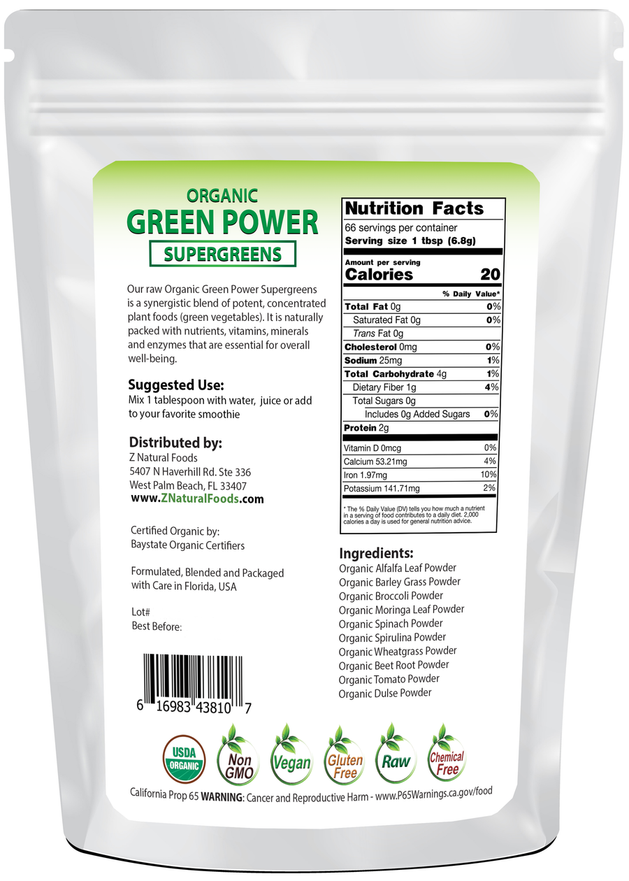 Green Power - Organic SuperGreens Blend back of the bag image 1 lb