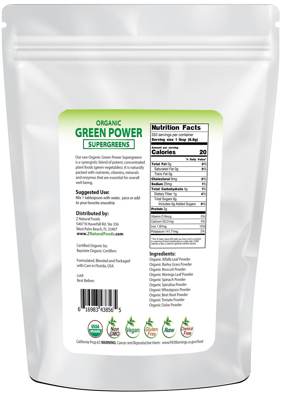 Green Power - Organic SuperGreens Blend back of the bag image 5 lb