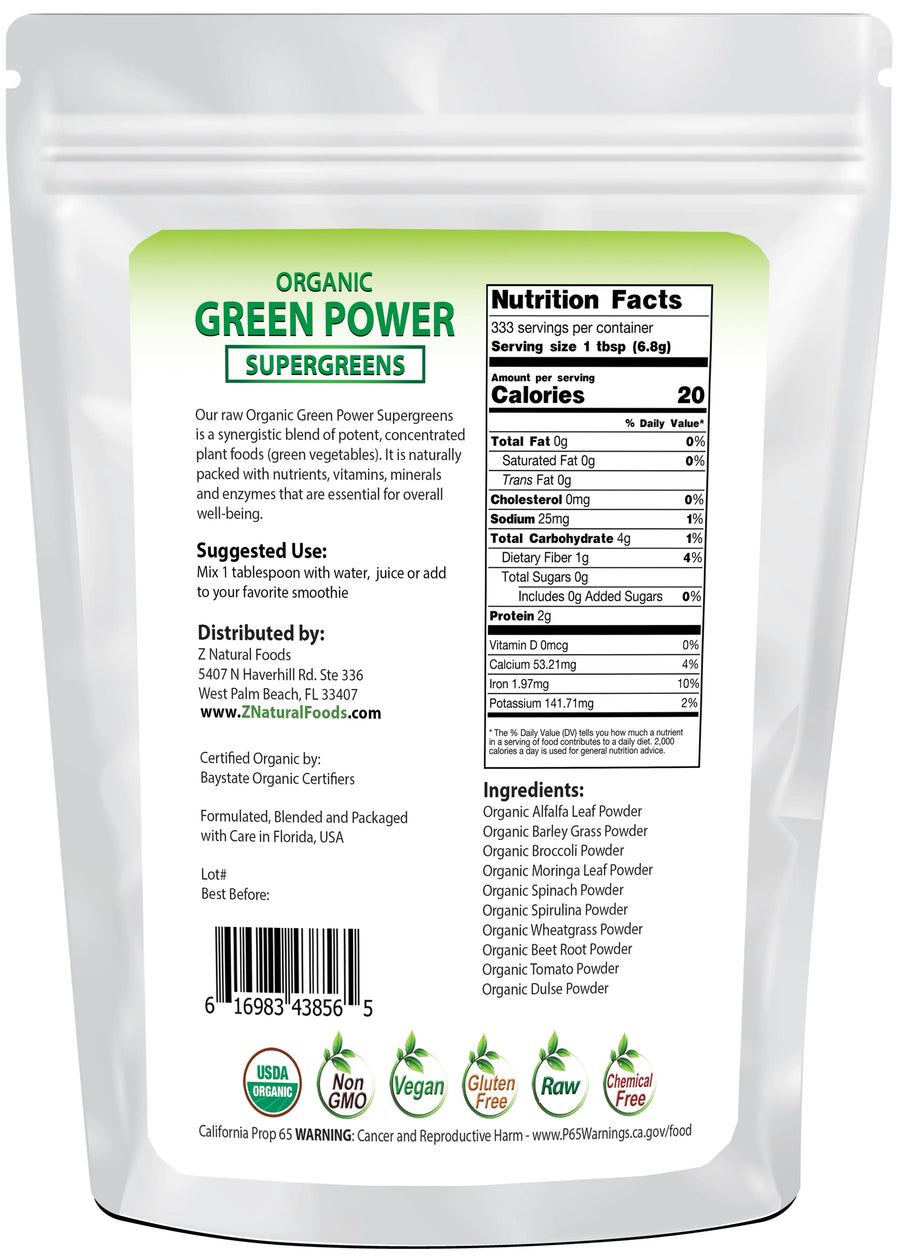 Green Power - Organic SuperGreens Blend back of the bag image 5 lb
