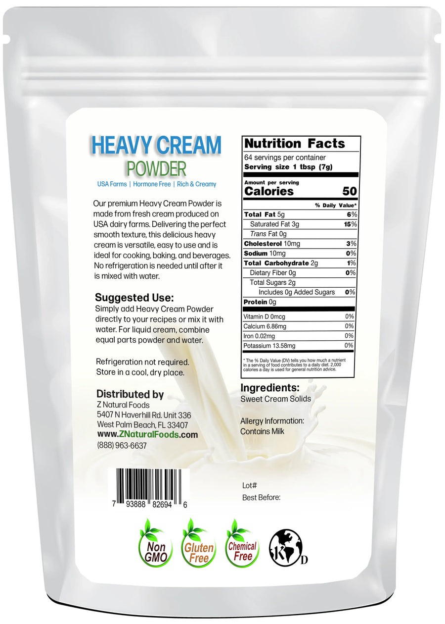 Image of back of 1 lb bag of Heavy Cream Powder