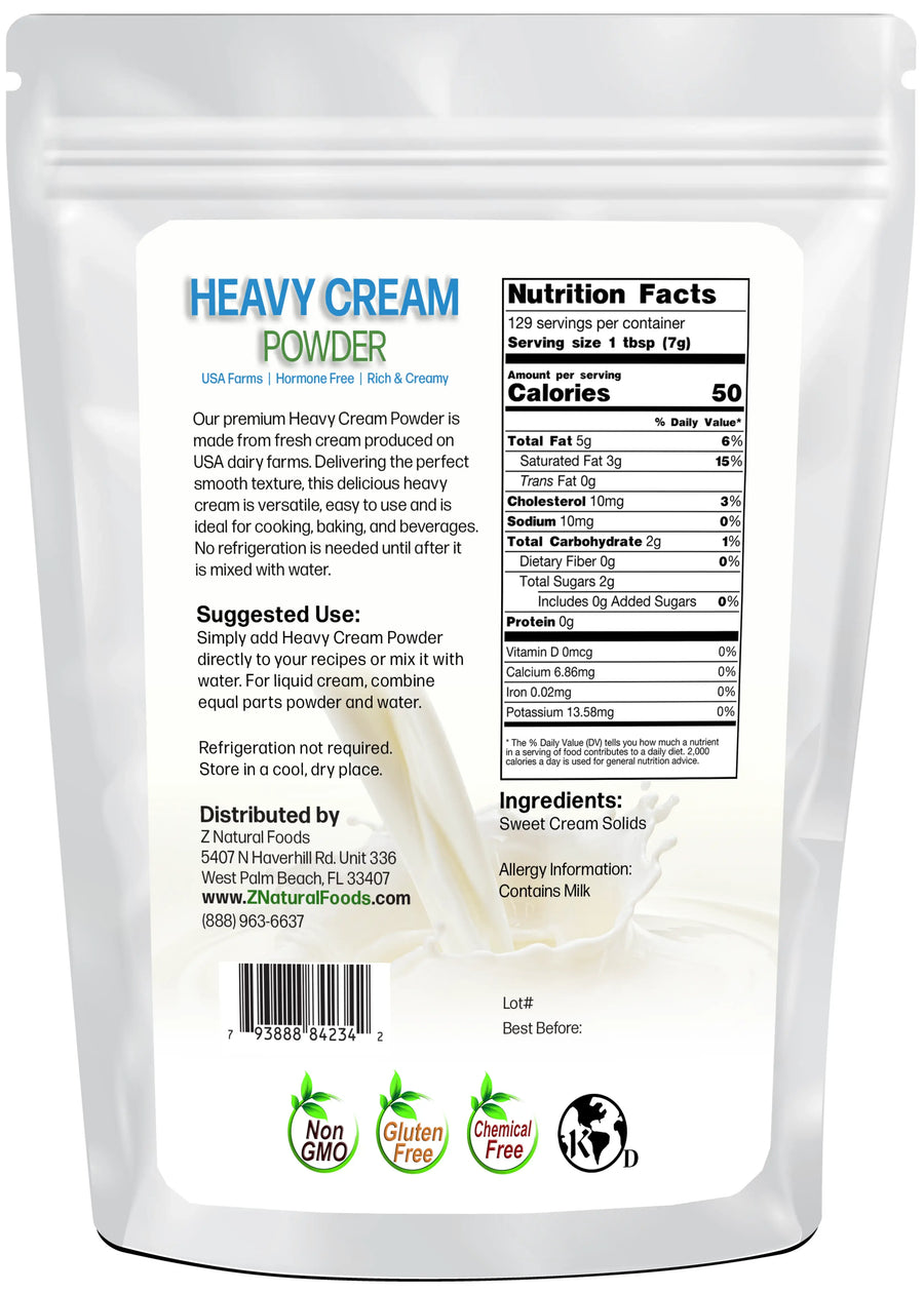 Image of back of 2 lb bag of Heavy Cream Powder