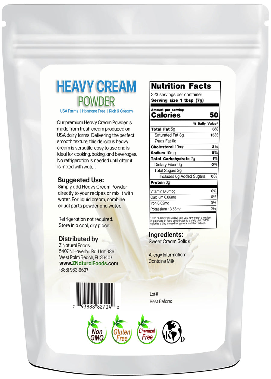 Image of back of 5 lb bag of Heavy Cream Powder