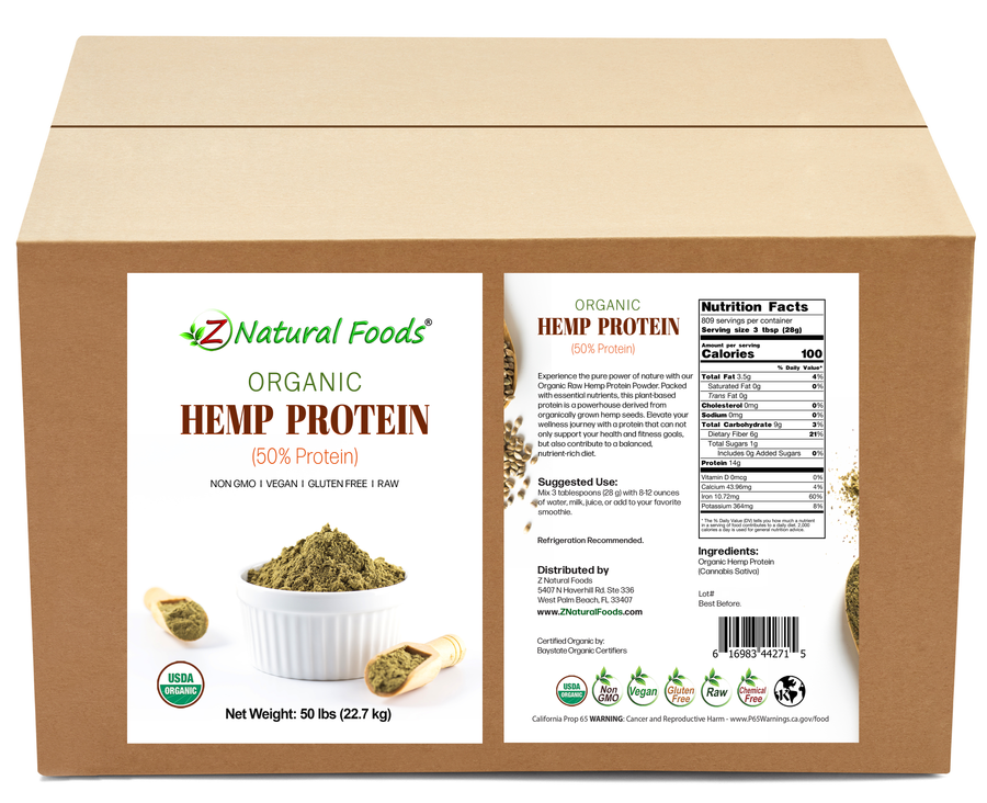 Hemp Protein - Raw Organic front and back label image in bulk