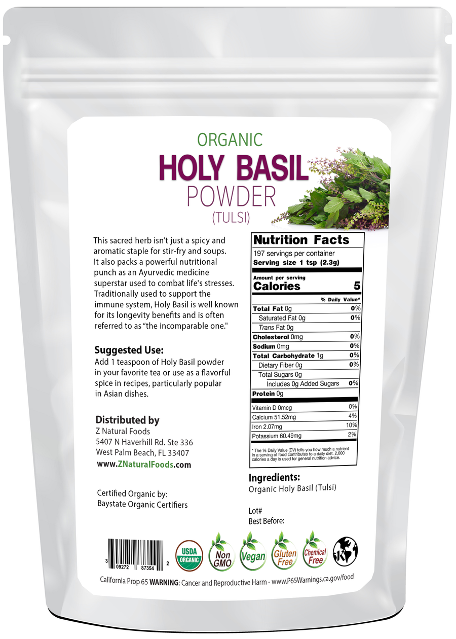 Photo of back of 1 lb bag of Holy Basil Powder (Tulsi) - Organic